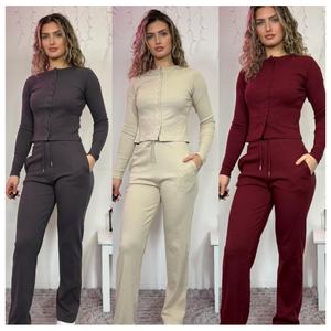 [HouseOfTrendz] MACEY Ribbed Button Up Cardigan & Trousers Two Piece Set - Fine Knit Cotton, Long Sleeve Top With High Waisted Drawstring Straight Leg Joggers Co-Ord Tracksuit, Smart Casual, Loungewear Set, Airport Outfit, Comfy, Basic, Molly Mae Vibe