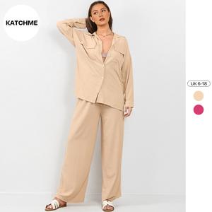 KatchMe Women's Solid Flap Pocket Button Long Sleeve Shirt & Wide Leg Trousers Co-ord,Casual Plain Collared Loose Two Piece Outfits,Spring & Fall Sets 2024