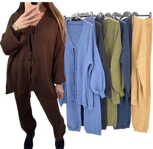 Fashion Luva Knit Front Tie Balloon Sleeve Cardigan & Stretch Trousers Co-ord 2pcs/Set Knitted Two Piece Lounge Set.