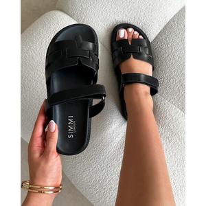 SIMMI Adelle Black Chunky Strap Footbed Slides Women's Holiday Flat Sandals Summer Shoes Wide-Feet Friendly