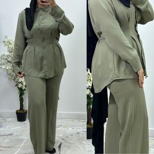 BERBISH  womenswear coord set button top with ties & wide leg trousers with pockets , one size (6-14) Long Sleeve Comfortable & modest collar neck .