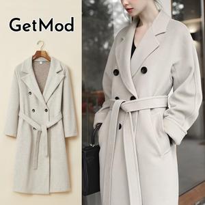 GetMod 2025 Premium fashion Women's Commuter Double Breasted Notch Lapel Waist Tie Pocket Thermal Coat (Size:6-22),Basic Womenswear,Lady's Plain Jacket for Fall & Winter #K666-2