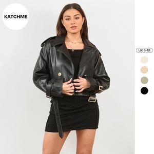 KatchMe Premium Women's Notch Lapel Double Breasted Detachable Belt Cropped PU Jacket(B),Outerwear Jacket for Lady Streetwear,Fall & Winter Plain Jacket