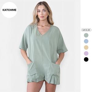 KatchMe Women's Casual Plain V Neck Half Sleeve Side Pocket Loose Playsuit,Comfort Basic Minimalist,Comfortable Womenswear,Holiday Playsuit