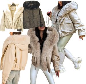 Fashion Luva Fur Hooded Cropped Utility Jacket Imitation leather jacket with fluff and pockets Women's Vegan Leather Faux Fur Trim Cropped Bomber PU PVC Coat Jacket ladies  coat