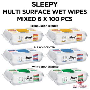 Sleepy - Multi Surface Cleaning Wipes, Campaign, White Soap Scented 2 Packs - Bleach Scented 2 Packs - Hebal Soap 2 Packs -  6 Packs x 100pcs Disposable Hand