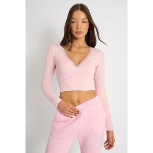Kaiia Lace Trim Wrap Long Sleeve Top Pink