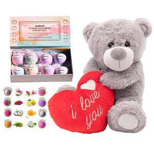 Mothers Day Gift Bundle - Soft Grey 16" Bear With Heart + Luxury Aroma Bath Bomb Sets - Valentines Gift Set - Comfort, Body Care Soothing Cosmetics Skincare Skin Repair