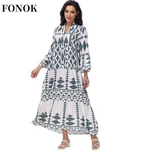 【FONOK】2025 new  large size women's temperament printed shirt skirt bohemian dress Beach vacation dresses Casual Womenswear Underwear Casual Wear Lady