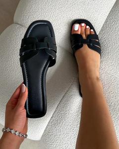 SIMMI Jorja Black Slip On Women's Holiday Flat Sandals Summer Shoes