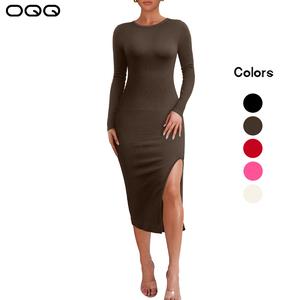 OQQ Women's Dresses Long Sleeve Crew Neck Sexy Ribbed Bodycon Split Midi Dress