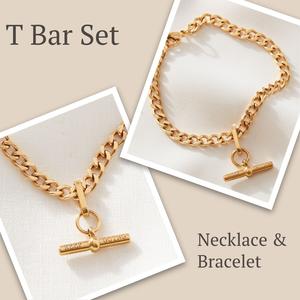 T Bar 'Keep Going' Necklace and Bracelet Set Gld