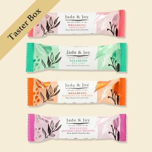 Jade & Joy Taster Selection Box, Vegan Wellbeing Protein Bars, 4 Bars, Speculoos, Hazelnut and Almond, Key Lime, Double Choc Brownie.  Snack Caramel