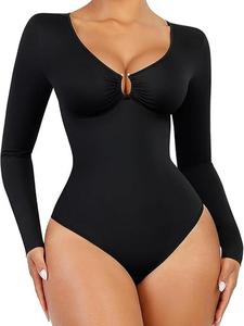 FeelinGirl Bodysuit for Women Deep V Neck U Ring Long Sleeve Body Suits Thong Shapewear Corset Tops for Going Out Basic Womenswear