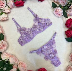 Liliosa Lingerie MELISSA LILAC Elegant Lavender Floral Embroidery Lace 2 Piece Lingerie Set  (Clasp Bra + Adjustable Pants) Comfortable Underwear Womenswear, Gorgeous Soft Bra and Bottom Thong, Bridal Style, Adjustable Spaghetti Straps Feminine Minimalist