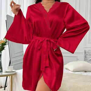 Women's Contrast Lace Long Sleeve Solid Color Elegant Robe Womenswear Gowns Loungewear Nightwear Comfort Basic Minimalist  girls  night  outfits london  night  outfits Chic Essential