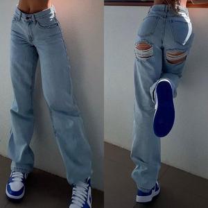 New women's jeans, fashionable ripped jeans, high-waisted jeans, loose Womenswear  Minimalist Pants