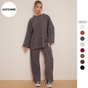 KatchMe Women's Casual Solid Color Loose Top & Wide Leg Pants Co-ord(8-18UK), Plain Two-Piece Outfits for Fall & Winter, Comfortable Womenswear