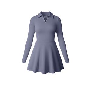 OQQ Women's Golf Dress Long Sleeve High Waist Polo Neck A Line Flowy Ruffle Layer With Zipper Basic Comfort Workout Mini Casual Dress