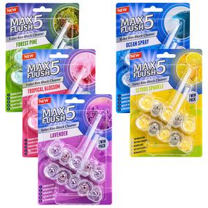 6 Pack Max Flush 5 Toilet Rim Block Cleaner (Twin Pack), Clear Water Toilet Rim Block with Anti-Limescale, Cleaning Foam, Dirt Protection and Extra Freshness