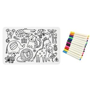 Sensory Junction Jungle Scene Silicone Washable Colouring Placemat For Kids With Coloured Pens - Wipe Clean Reusable - Eco Friendly - Food Grade Silicone