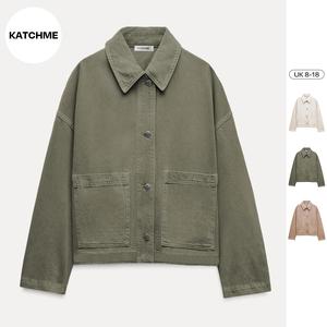 KatchMe Solid Color Lapel Button-Up Patch Pocket Fitted Denim Jacket, Street Plain Outerwear Jacket for Fall & Winter, Women's Casual Long Sleeve Outfit