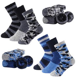 Boys 3 Pack Cosy Lounge Socks Fuzzy Socks Thermal Insulation Anti-Slip Elastane Stretch Kids Socks Super Soft & Fluffy for Warmth and Comfort Ideal for Winter
