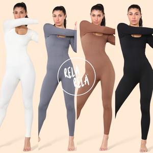 Rela Rela Square Neck Thick Ribbed Long Sleeve Jumpsuit UK 6-18 Chic Smooth Fit Casual Day Womenswear