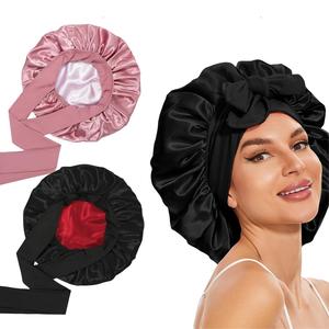 Double Layer Satin Bonnet Hair Satin Lined Silk Bonnet For Sleeping Bonnet With Tie Band Satin Hair Bonnet adjustable Bonnets For Women Natural Curly Hair Heatless Styling Tools Heatless Curls