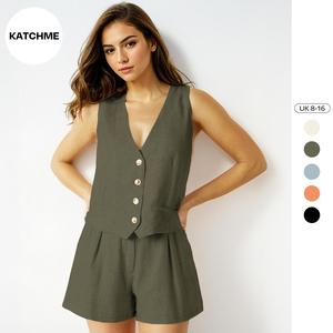 KatchMe Women's Plain Casual V Neck Button Tank & Wide Leg Shorts Co-ord,Sleeveless Button Up Top & Pocket Shorts Two Piece Outfits,Summer Sets 2024
