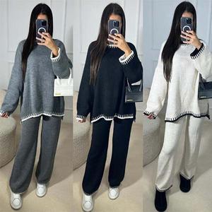 Womens Knitted Lounge Wear Set Ladies Wide Leg Palazzo Top Trousers Tracksuit Round Neck Long Sleeve 100% Acrylic Made In Italy