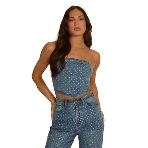 Elaina Womenswear Rebellious Fashion Denim Diamante Embellished Corset Top