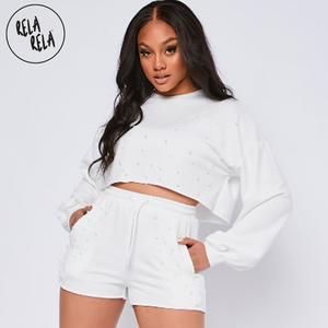 RELA RELA Pearl Embellished Loop Back Jersey Cropped Sweatshirt  Shorts Set UK 6-12 Casual Fit Womenswear Clothes Long Sleeve