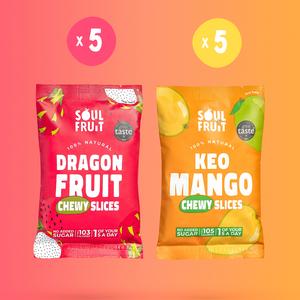 Soft Dried Dragon Fruit & Mango - Chewy Mix Multipack (10 Bags) - 5x Chewy Mango, 5x Chewy Dragon Fruit - 100% Fruit - Natural Snack, no added sugar