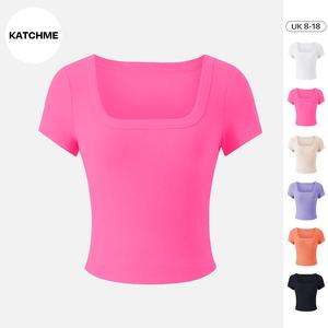 KatchMe Women's Versatile Solid Color Square Neck Slim Ribbed Crop Top,Basic Minimalist Womenswear,Casual Plain Tshirt for Spring & Summer
