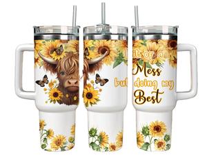 Personalised Bit of a Mess 40oz Tumbler with Straw - Highland Cow with Sunflowers, Ideal Drinkware Gift for Him or Her