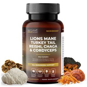 MushBoost - Lions Mane, Turkey Tail, Cordyceps, Reishi and Chaga 5 in 1 Mushrooms Blend | With Rhodiola & Ashwagandha Adaptogens | Optimum Nootropic Edible Dietary Mushroom Blend | Highly Potent Vegan Capsules | Healthcare