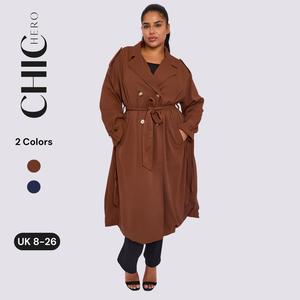 ChicHero Premium Solid Double Breasted Button Long Sleeve Trench Long Coat Woman With Adjustable Belt and Pockets UK 8-26 Loose Fit Polyester Machine Washable everyday coat everyday  jacket trench coat