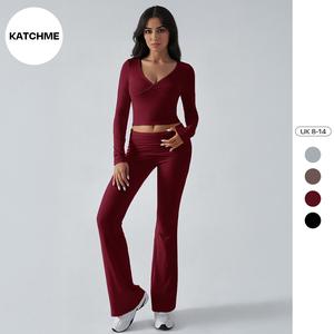 KatchMe Women's Elegant V Neck Long Sleeve Crop Top & Shirred Waist Wide Leg Trousers Co-ord, Minimalist Two Piece Outfits, Comfortable Womenswear