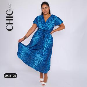 ChicHero Blue Leopard Print Wrap Over Top Midi Dress with Adjustable Belt Details Boho Casual Clothes Womenswear Cute Elegant Short Sleeves flowy  dresses thneed  dress modest  prom  dress trending  clothing black  friday  sale