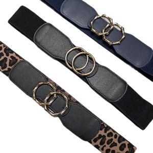 [HOE] 2 pack Plus Size Leopard Print Stretch Belt with Silvertone Buckle for Women, Elastic Waist Cincher, 2 Sizes 10-20 and 16-28, Fashion Accessory 3 Colours