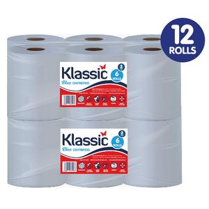 Klassic Blue Centrefeed 12 Rolls - 2 ply Laminated Embossed Wiping Tissue Cleaning Roll Home, Toilet and Office - 300 sheets per Roll, Sheet width 166mm - 2 packs of 6 Rolls