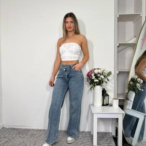 [HouseOfTrendz] ZOEY Asymmetric Crossover Waist Jeans - Wide Leg, Baggy Denim Blue Jeans - Viral High Waisted Blue Comfortable, Womens Casual Cotton Fabric