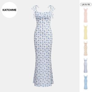KatchMe Fresh Womenswear Adjustable Strap Floral Print Tie-Up Slinky Maxi Dress,Summer Mermaid Tail Dresses for Women,Birthday Outfits,Womenswear