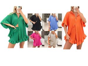 Fashion Luva Italin Two Piece Co ord Loungwear Pleated Frill Ruffle Shirt Shorts Sets Comfort Easy Care Lightweight Oversized Collared Minimalist Womenswear Matching Loungewear