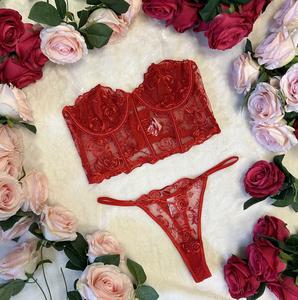 LILIOSA LINGERIE Moulin Rouge Red High Quality Elegant Breathable Mesh Red Rose Corset -(Bra - clasp + Pants - non adjustable)  Comfortable Thong Floral Rose Lace Style Underwear Womenswear , Adjustable Spaghetti Straps Top Matching, Lace Up Top Corset