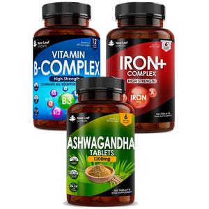 Energy Boosting Bundle - Vitamin B Complex, Iron Complex, Ashwagandha Tablets Supplement Healthcare