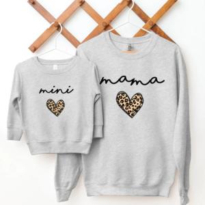 Mama & Mini Leopard Logo Heart Matching Sweatshirts Ladies Womens Mum Kids Girls - Womenswear & Childrenswear