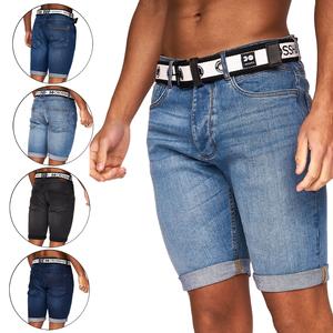 Crosshatch Mens Stretch Belted Denim Shorts Knee Length Slim Fashion Roll Up Half Pants Size 30-40 Classic Cotton