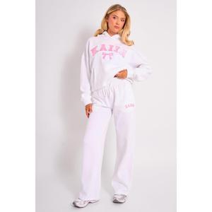 Kaiia Bow Embroidered Ribbed Waistband Wide Leg Joggers White & Pink